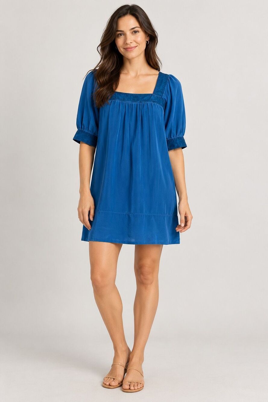Banana Republic Petite XS Blue Silk Square Neck Puff Sleeve Shift Dress